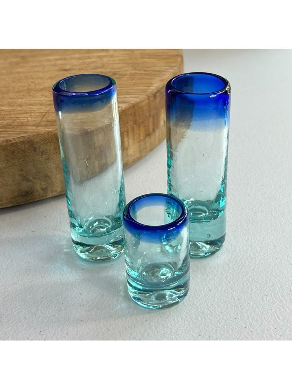 Glass Blown Shot Glasses Cobalt Blue Rim Thick Glass Set of 3 holds 2 ozs